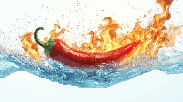 Hot red chili pepper with fiery flames splashing in fresh water on bright background