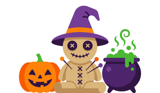 Halloween illustration featuring a cute voodoo doll wearing a witch hat, a carved jackolantern pumpkin, and a bubbling purple witchs cauldron with green potion isolated on transparent background