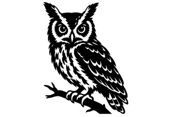 Obraz premium Owl vector illustration, black and white wild bird perched on a branch graphic design