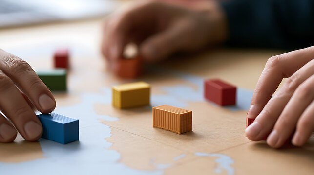 Business people place colorful miniature shipping container models on world map to plan global trade route logistics and supply chain network