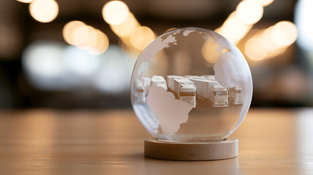 Global logistics and supply chain concept with miniature freight trucks inside a glass crystal globe sphere on wooden table surface top view