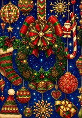 Obraz premium Traditional Christmas Wreath and Vintage Ornaments Background