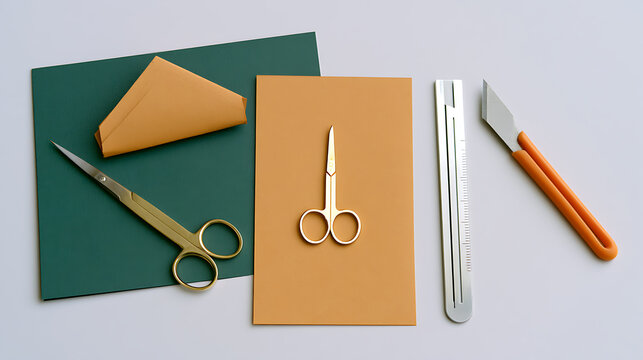 Flat lay composition of paper craft tools, scissors, craft knife, metal ruler, and colorful sheets of paper for art and hobby work