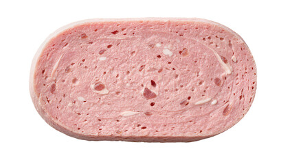 Oval slice of pink bologna sausage with visible fat pieces, isolated on transparent background © Claudia