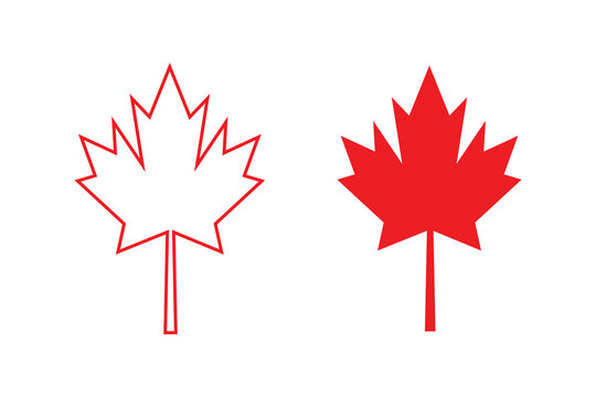 Red maple leaf icons with solid and outline style for canada symbols