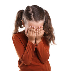 Fototapeta premium Stress. Scared little girl hiding her face on white background