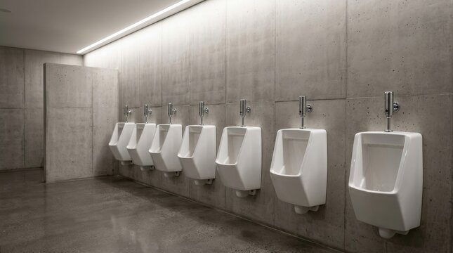 A row of white urinals is mounted on a concrete wall in a restroom.