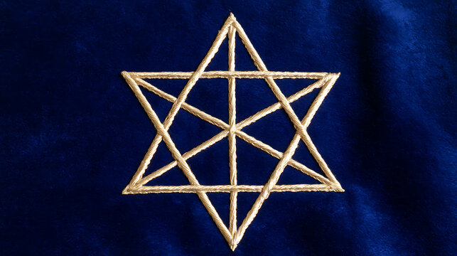 Gold hexagram symbol embroidered on rich blue velvet fabric, elegant religious and spiritual design for sacred ceremony and cultural art