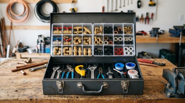 An open tool case shows brass fittings and pliers on a workbench.
