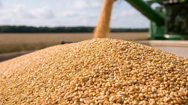 Abundant harvest of golden corn kernels, Zea mays, pour from modern agriculture machinery into a trailer during seasonal field work day
