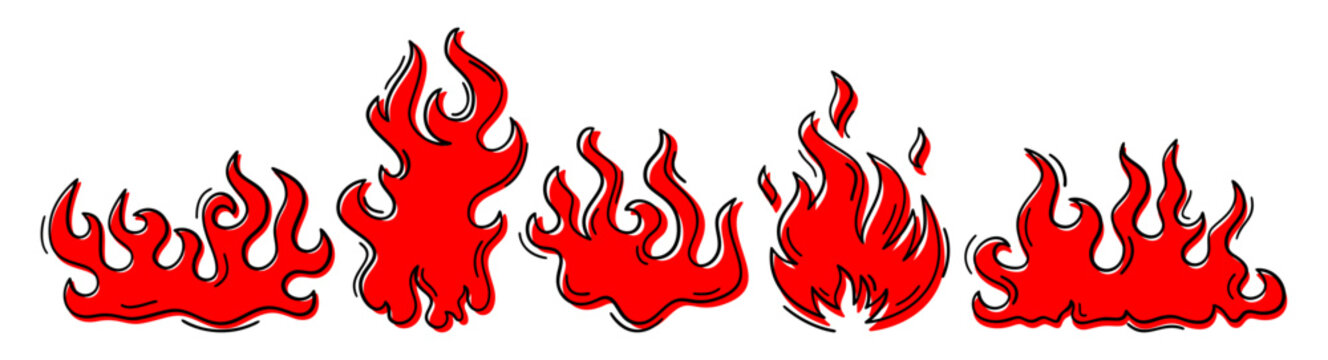 Hand drawn vector red flame stickers and burning fire cartoon graphics for comic book banners,and spicy food packaging.