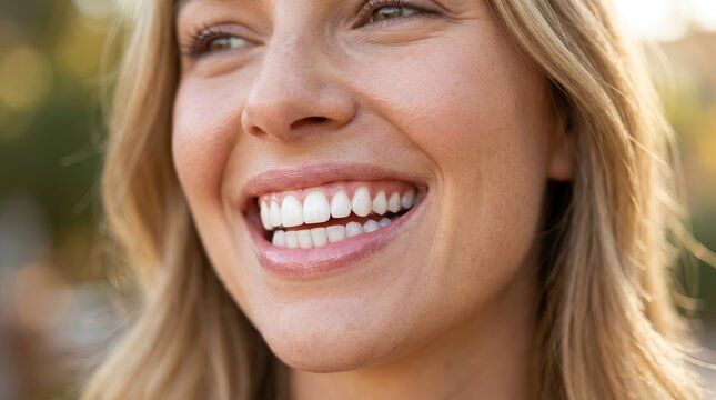 A close up of a smiling woman outdoors with bright white teeth.