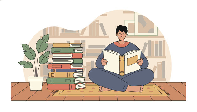 Young man sitting cross-legged on the floor reading a book in a cozy library room with bookshelves and houseplants.