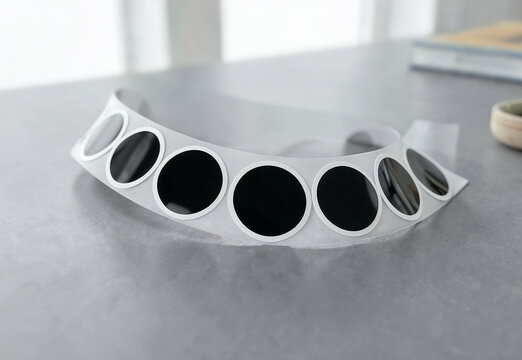 Round black stickers on sticker tape roll mockup, ai generated. Sticking vinyl labels for brand identity, price or barcode lying on table. Stationery fix stickers for packaging or custom gift concept.