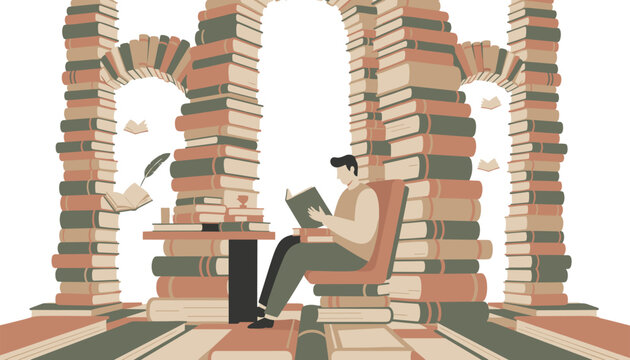 Avid reader sitting comfortably in a chair reading a book amidst towering architectural structures constructed from books.
