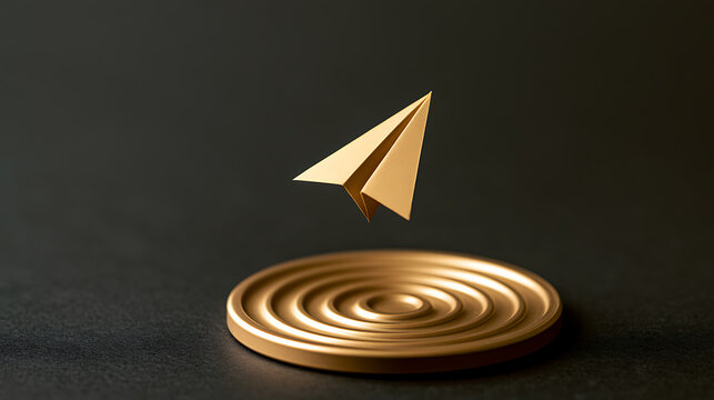 Gold paper plane fly above circular metallic ripple platform on dark background conceptual image for innovation and leadership concept art
