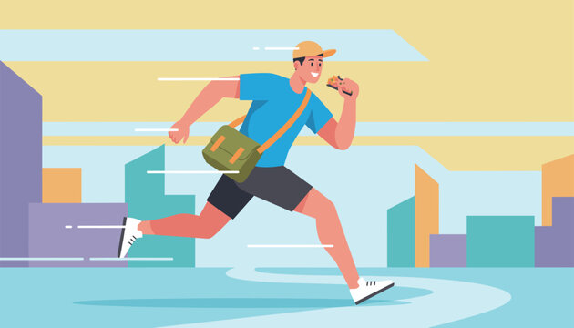 Energetic young man in a blue shirt running fast through a city street while taking a bite out of a delicious slice of pizza.