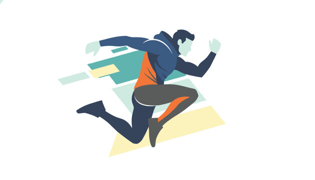 Energetic male athlete wearing a hoodie runs fast against a background of dynamic colorful geometric graphics.