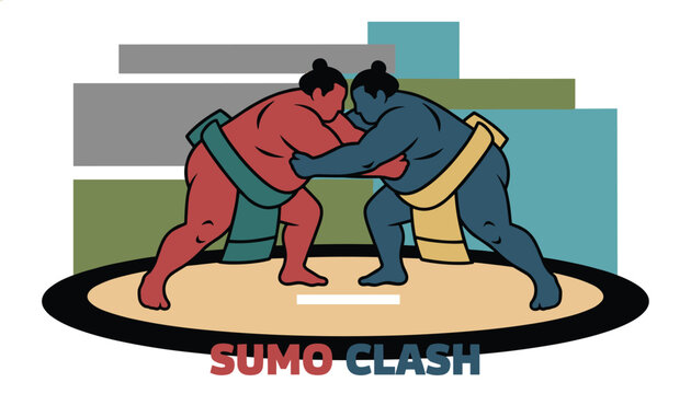 Dramatic vector illustration of two professional sumo wrestlers grappling in the ring with a Sumo Clash text label.
