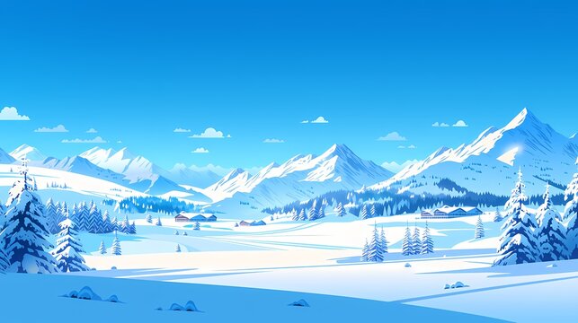 青空の下に広がる雪山とスキーリゾートの雪原、フラットイラストの冬景色