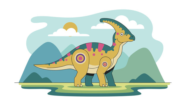 Cute colorful dinosaur Parasaurolophus standing on a field with beautiful mountains and sun in the background.