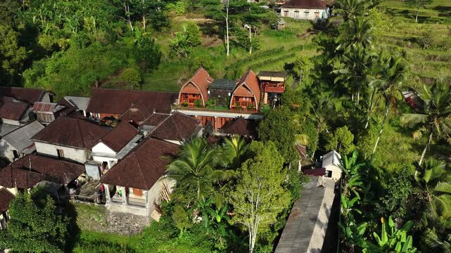 Aerial panorama of traditional houses and terraced fields in lush Sidemen Valley landscape under bright sunlight, with hous, rooftop, terrace, field detail, showing village, settlement, rural