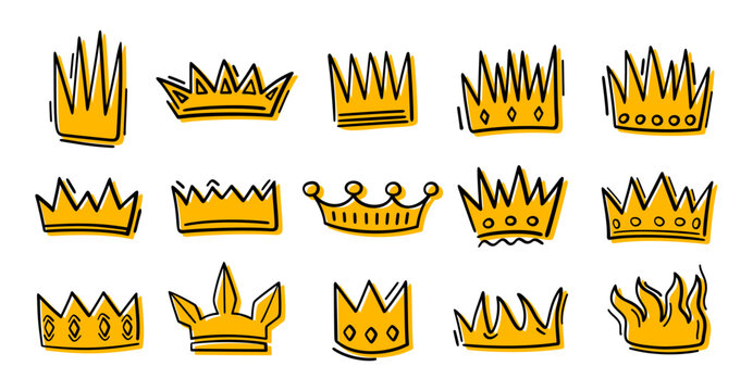 Hand drawn vector doodle gold crown icons for royal branding merchandise logos and graffiti street art design.
