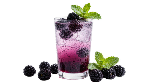 Sparkling blackberry drink with fresh mint leaves and ice cubes, isolated on transparent background