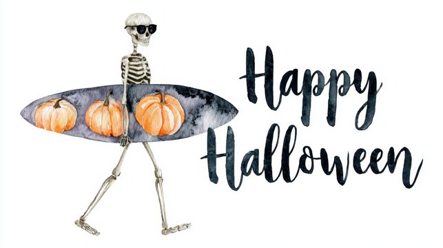 Whimsical watercolor Halloween greeting with a stylish skeleton carrying a pumpkin surfboard and hand-painted festive lettering