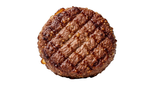 Juicy grilled beef burger patty with grill marks, isolated on transparent background