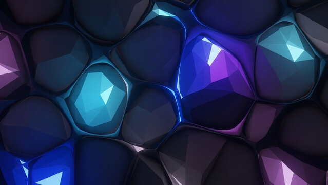 A 3d render of purple abstract cubes forming a modern city building design with a reflection of pink light and a red square block symbolizing a business success graph