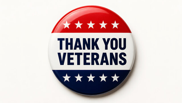 Close up of a patriotic button reading thank you veterans with stars and stripes
