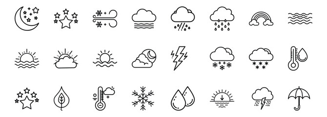 Obraz premium Weather outline set cloud, rain, sun, lightning & more vector illustration