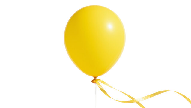 Bright yellow balloon with a flowing golden ribbon, isolated on transparent background
