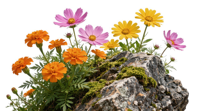 Orange marigolds and pink cosmos flowers growing on mossy rock, isolated on transparent background