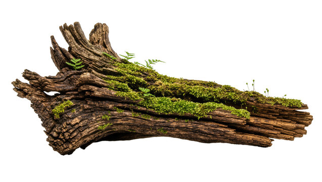 Weathered gnarled wood with lush green moss and delicate ferns, isolated on transparent background