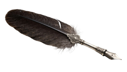 Ornate silver quill pen with dark feather, isolated on transparent background © Claudia