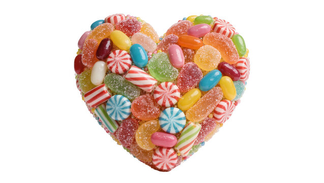 Heart shape formed by assorted colorful candies, isolated on transparent background