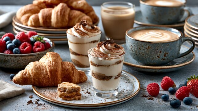 A luxury brunch composition featuring elegant tiramisu shots recipes served beside buttery croissants, fresh berries, cappuccinos, and handcrafted ceramic tableware