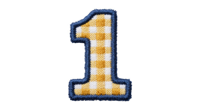 Yellow and white checkered number one patch with blue embroidered border, isolated on transparent background