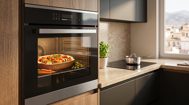 Modern kitchen with oven displaying colorful roasted vegetables and herbs