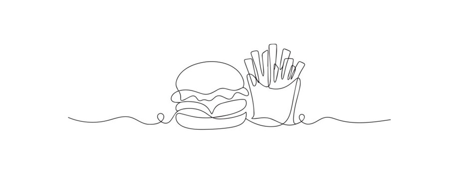 Single line drawing of french fries and a burger. Continuous line drawing showing a classic fast food meal combination of crispy potatoes and hamburger. Food vector artwork.