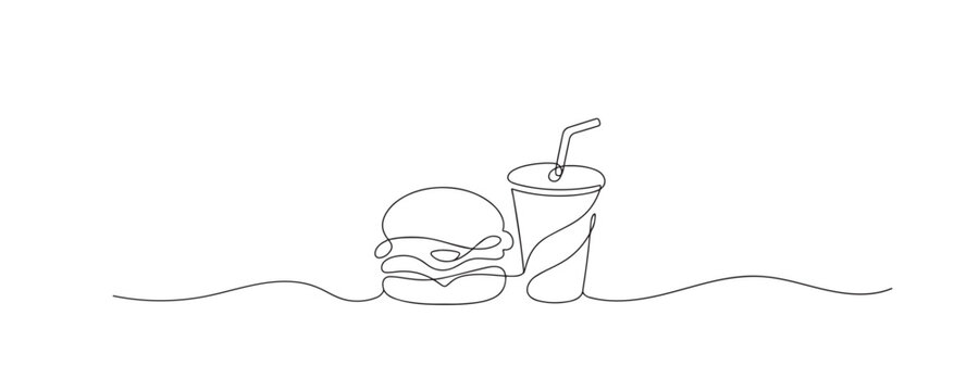 Single line drawing of french fries and a burger. Continuous line drawing showing a classic fast food meal combination of crispy potatoes and hamburger. Food vector artwork.