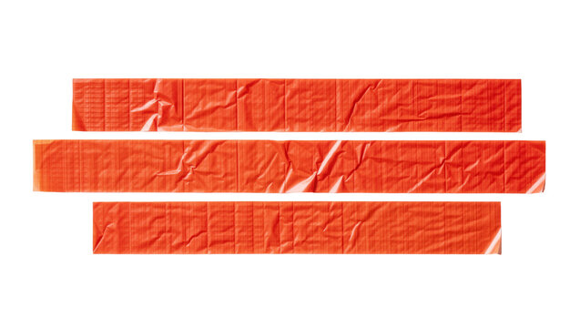 Three strips of crumpled orange duct tape, isolated on transparent background