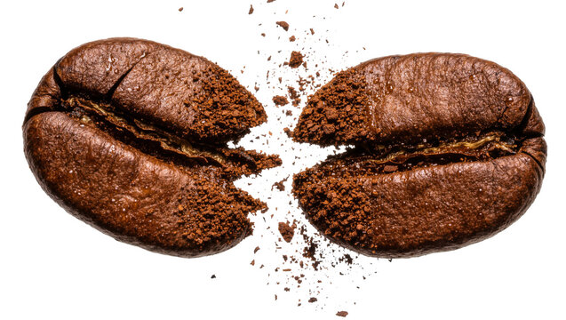 Two halves of a dark roasted coffee bean breaking apart with fine powder, isolated on transparent background
