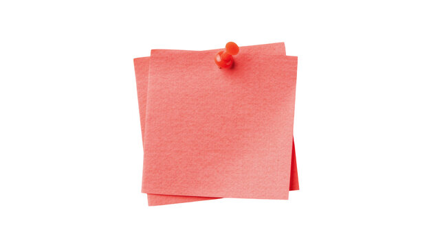 Two coral pink square sticky notes pinned together, isolated on transparent background