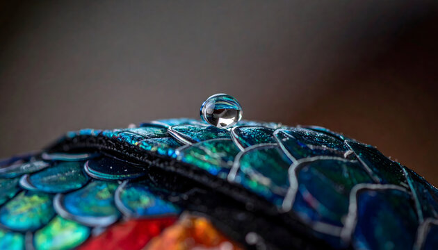Macro photography of a single crystal clear water droplet resting on a textured iridescent blue and green scale pattern surface