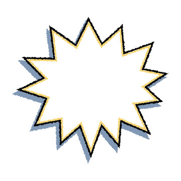 Starburst comic frame speech bubble with jagged burst shape, rough black outline and yellow inner stroke. Graphic burst with blue drop shadow. Works well for stickers, posters and comic headlines