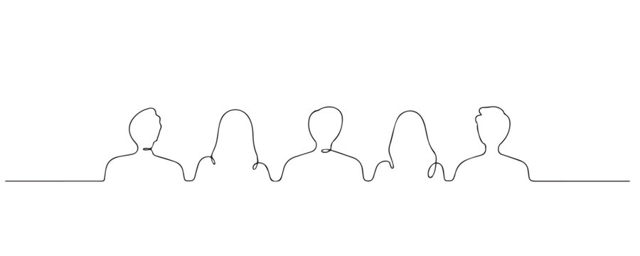 Single line drawing of an audience. Continuous line drawing showing several people sitting side by side and viewed from behind. Public event vector artwork.