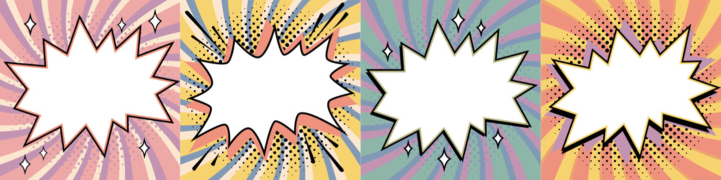 Comic starburst text box set with star shape speech bubble frames on colorful spiral backgrounds in pink, yellow, blue and mint tones. Retro vector comic background with copy space for titles, promo.